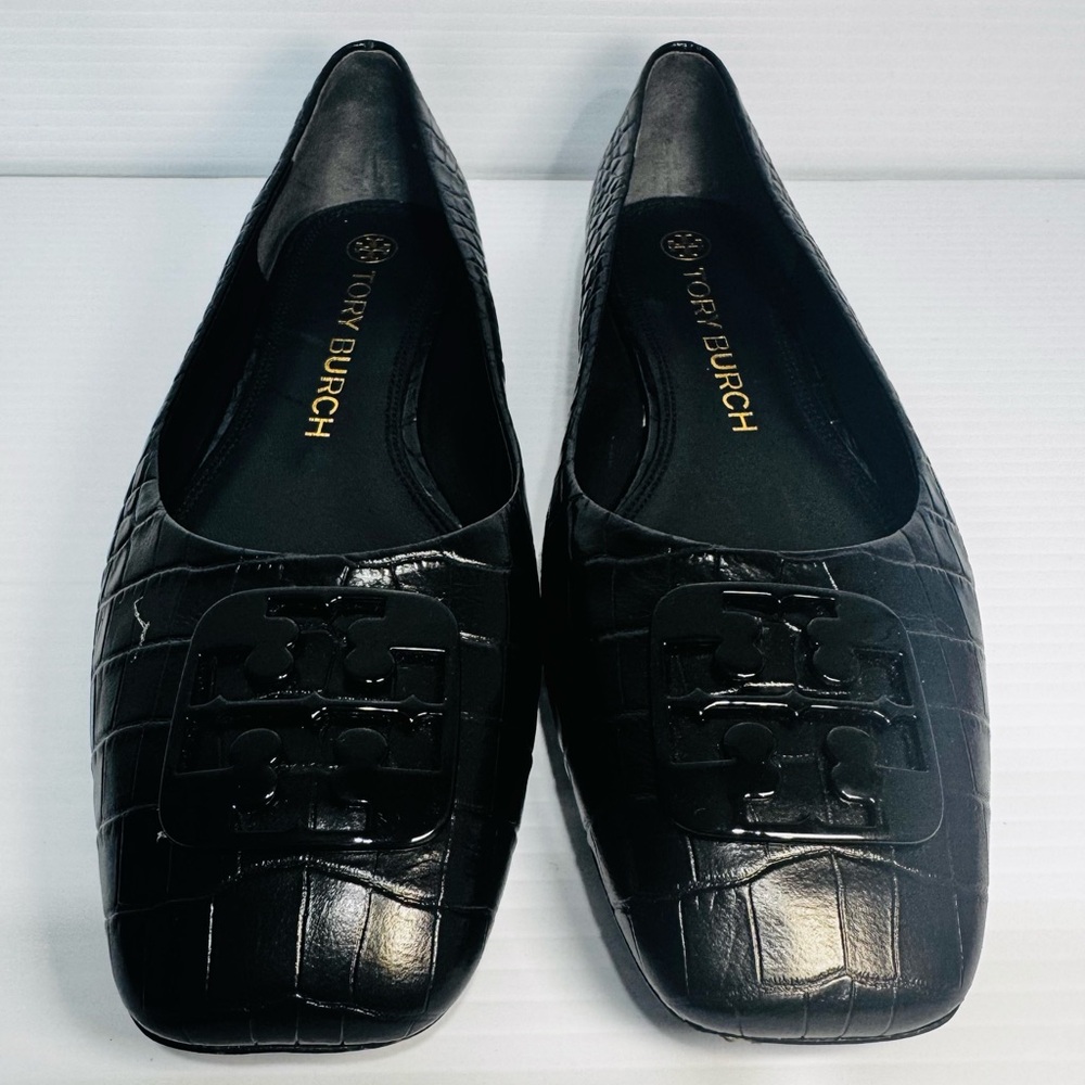 Tory Burch Georgia Black Snake Print Leather Square Toe Ballet Flats Size 9 1/2 - Picture 5 of 12